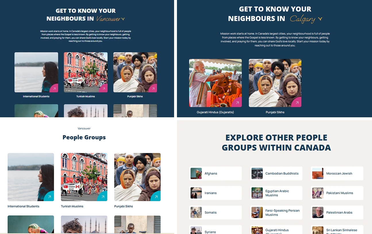 Four examples of content filtering for people group: show people group of a specific city, show other people groups in the same city, show all people group types in Canada